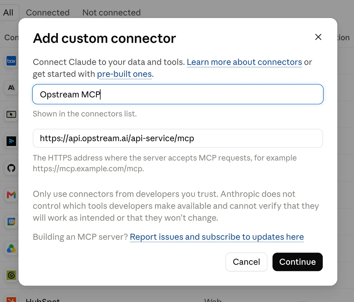 Claude's Add custom connector dialog, with the connector name and URL filled in