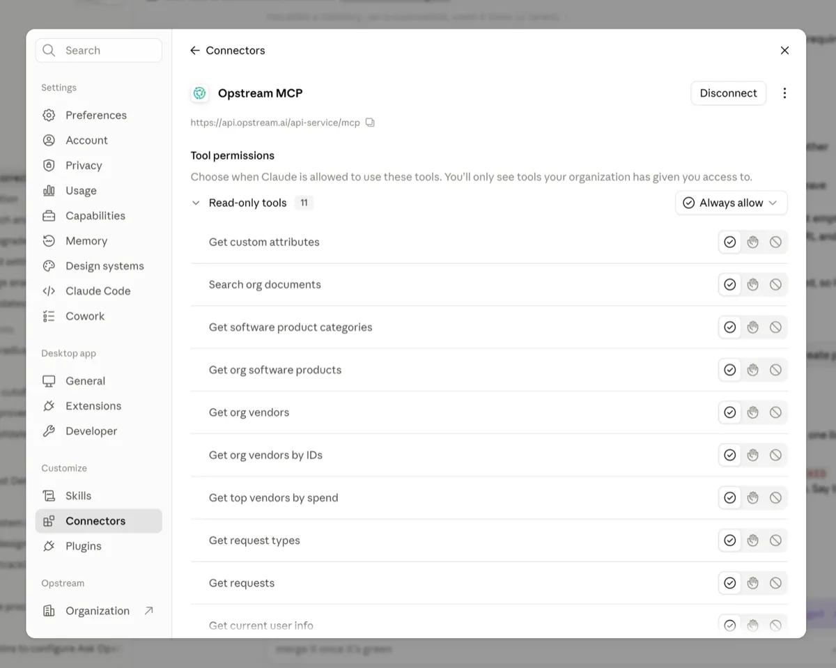 The Opstream connector in Claude's settings, with its read-only tools set to Always allow