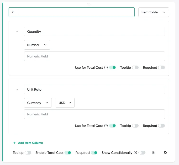 Configuring columns on the native Item Table, with the Quantity and Unit Rate columns and their Use for Total Cost toggles