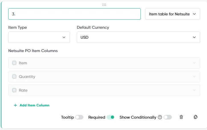 Item table for Netsuite PO, with its pre-mapped Item, Quantity, and Rate columns