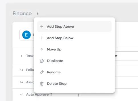 The three-dot menu on a step header, showing Add Step Above/Below, Move Up, Duplicate, Rename, and Delete Step