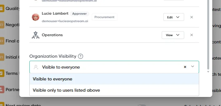 The Organization Visibility dropdown, with Visible to everyone and Visible only to users listed above