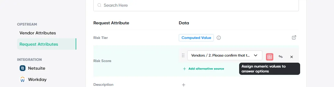 The Automation tab's Request Attributes, with Risk Score mapped to a vendor question and Risk Tier shown as a Computed Value