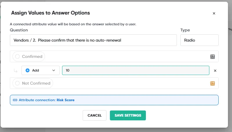 The Assign Values to Answer Options dialog, adding 10 points for one answer, with the attribute connection to Risk Score