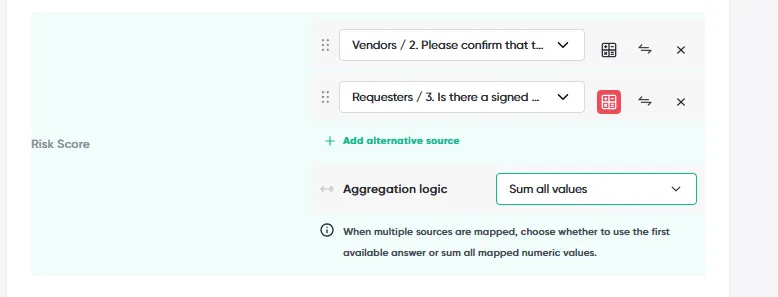 Risk Score fed by a vendor question and a requester question, with Aggregation logic set to Sum all values