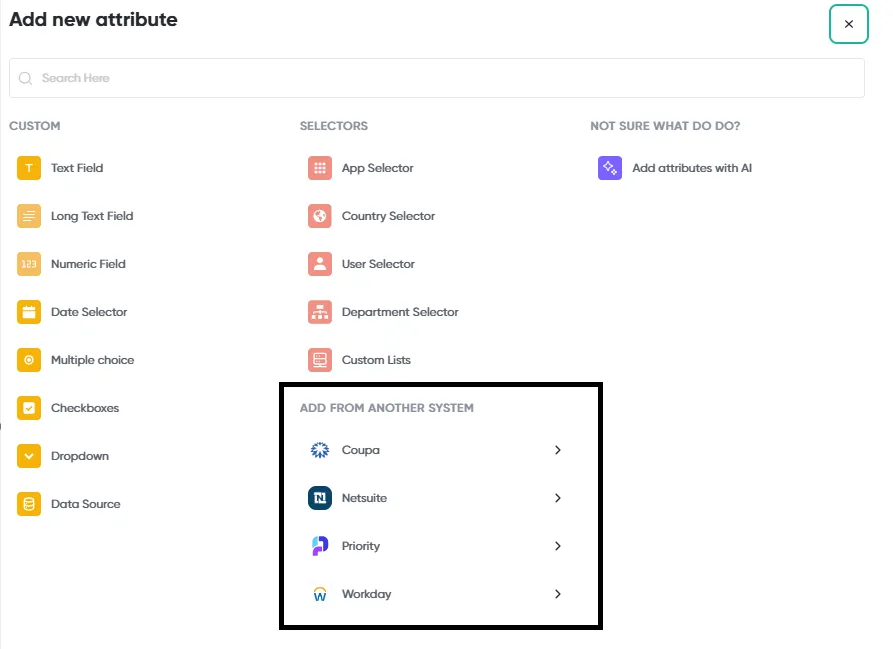 The Add new attribute dialog, with Data Source under Custom and the Add from another system list of connected systems highlighted