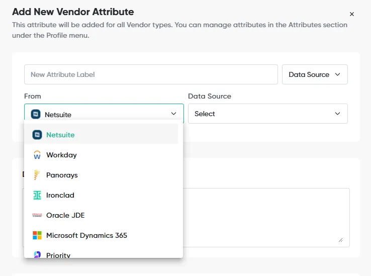 The Add New Vendor Attribute dialog with the Data Source type selected and the From list of connected systems open