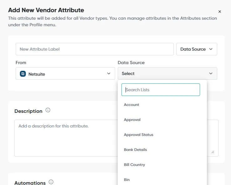 The Data Source list for NetSuite, with a search box and lists such as Account, Approval Status, Bank Details and Bill Country