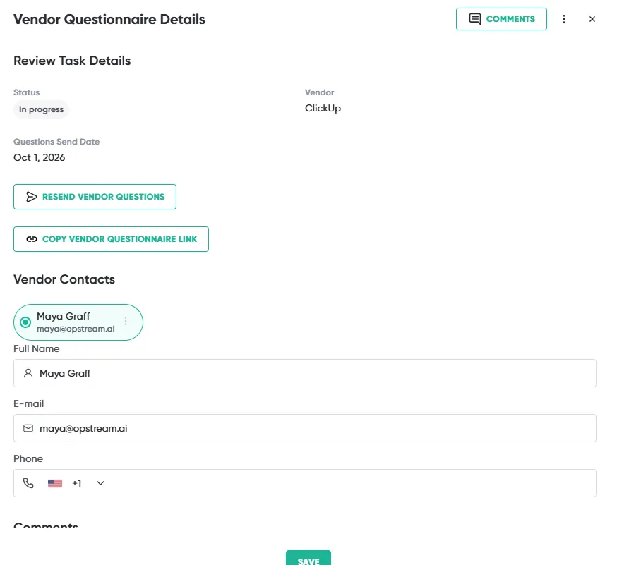 The Vendor Questionnaire Details panel, with the RESEND VENDOR QUESTIONS and COPY VENDOR QUESTIONNAIRE LINK buttons and the vendor contact