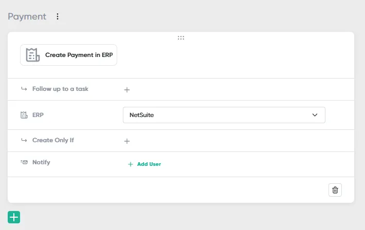 A Create Payment in ERP step in the Invoice schema's approval flow, with the ERP set to NetSuite