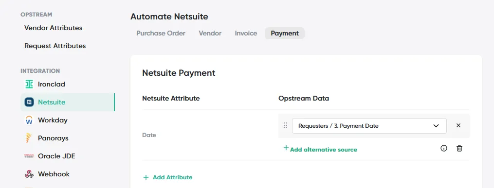 The Payment tab under Automate Netsuite on the Automation tab, mapping the NetSuite payment Date to a requester question