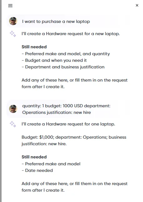 Ask Opstream chat: the requester asks for a new laptop, and Opstream picks the Hardware request type and lists the details still needed