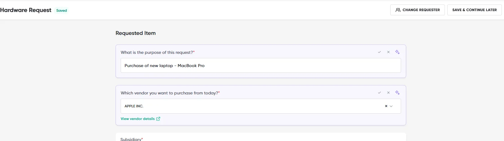 The Hardware Request form created from the chat, with the purpose and vendor fields filled in and highlighted as suggestions