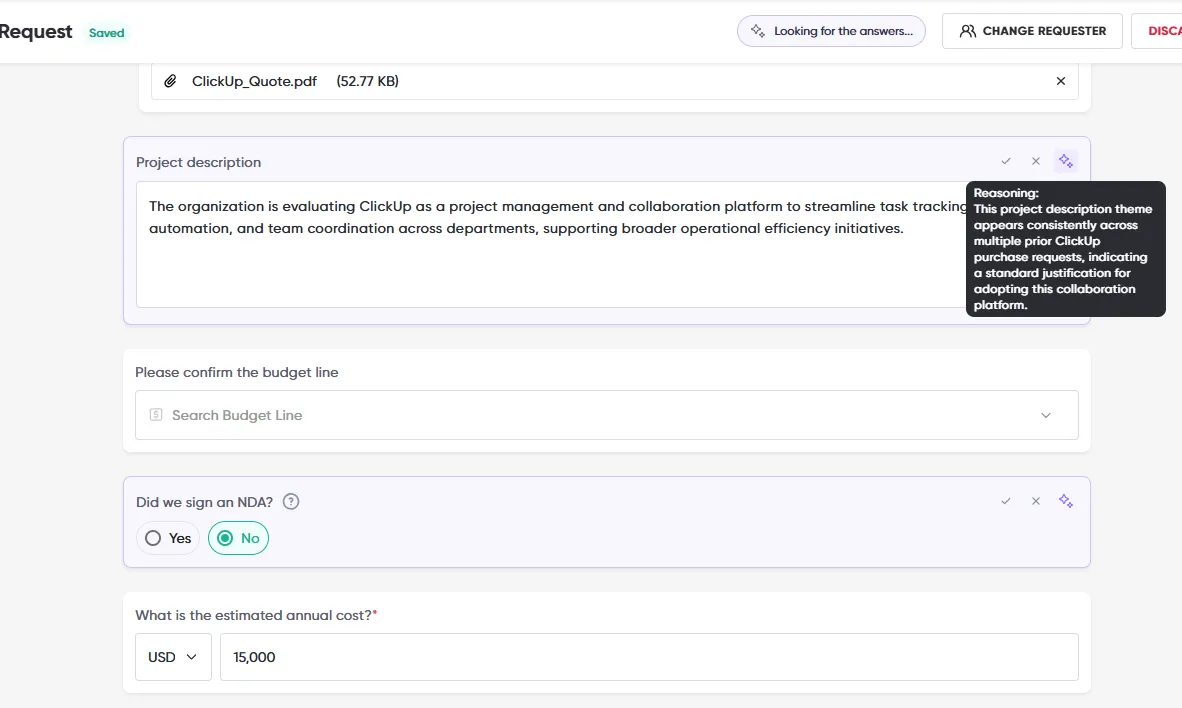 Suggestions based on an uploaded quote: the project description and NDA answer are highlighted, with a reasoning tooltip and the apply and remove controls