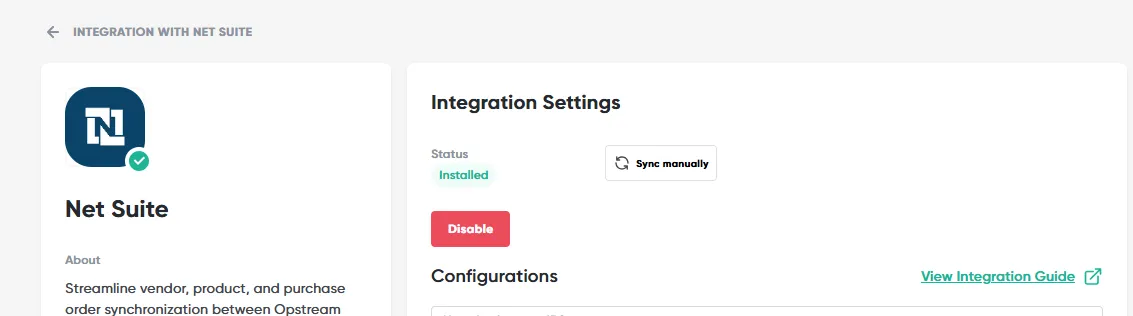 The NetSuite integration detail page, with the Installed status, Sync manually and Disable buttons, and the Configurations section