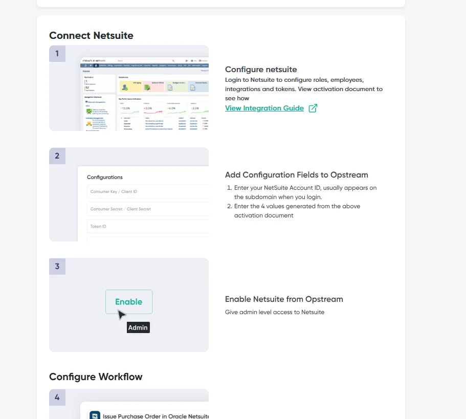 The Connect Netsuite guide on the NetSuite detail page, with numbered steps for configuring NetSuite, adding the configuration fields, enabling it, and configuring the workflow