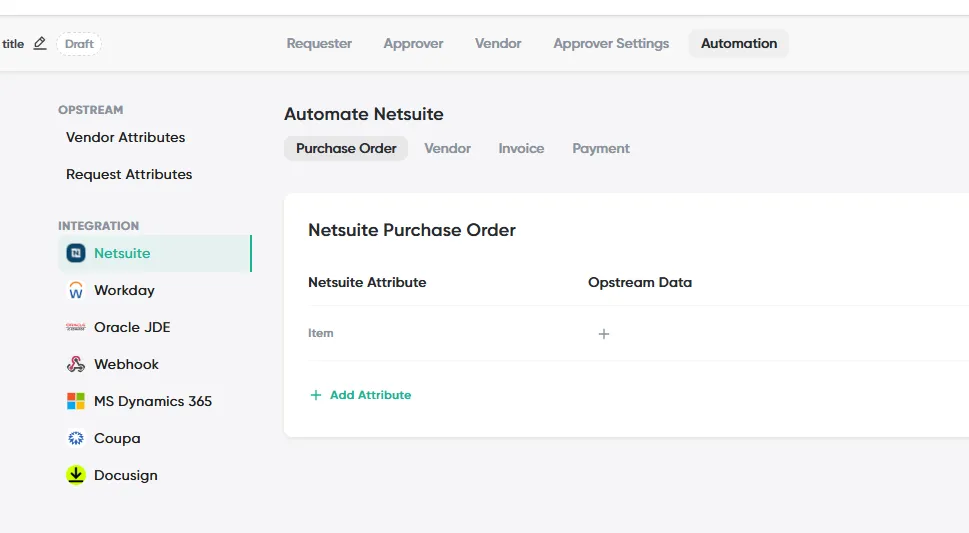 The Automation tab of a request type, with the Automate Netsuite mapping for Purchase Order, Vendor, Invoice and Payment