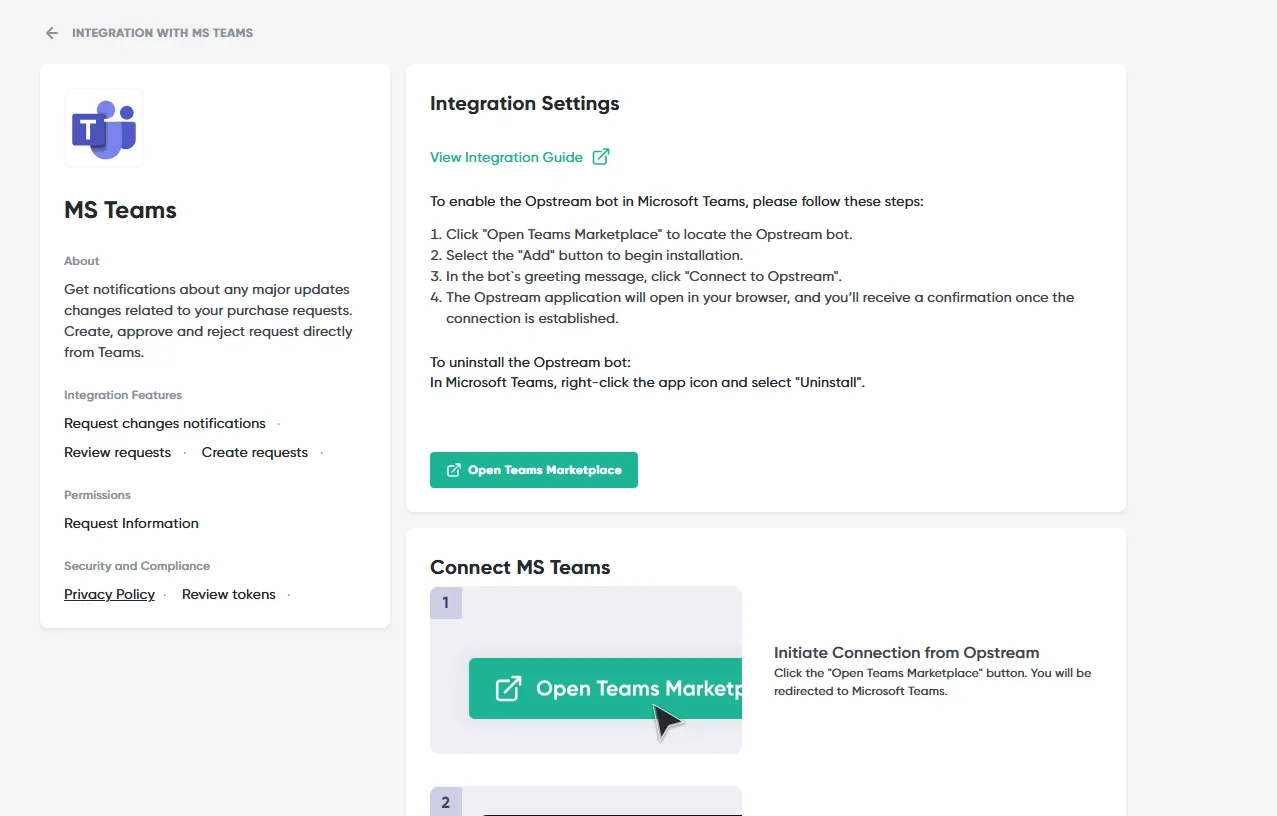 The MS Teams integration detail page, with the setup steps and the Open Teams Marketplace button