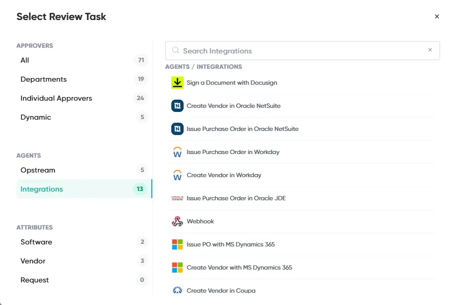 The Select Review Task dialog in the Schema Editor, listing the steps from connected integrations under Agents / Integrations