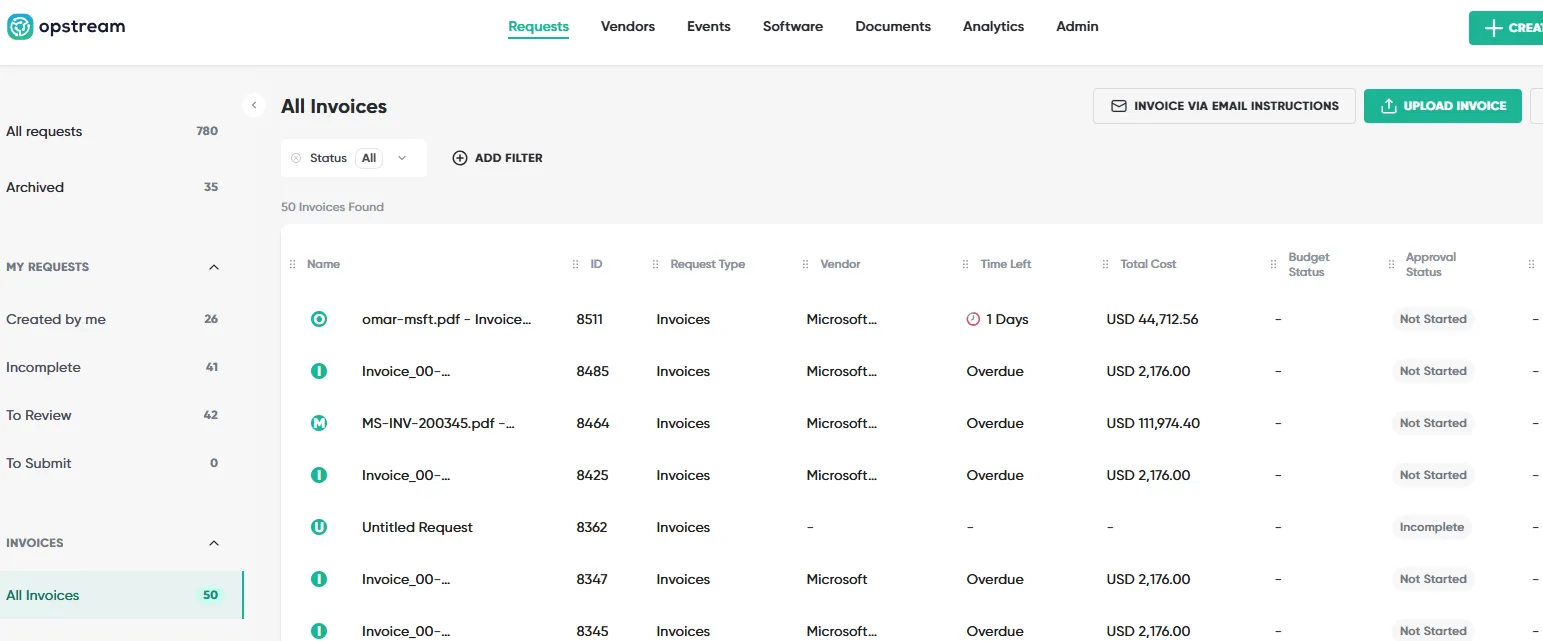The All Invoices list, with the UPLOAD INVOICE and INVOICE VIA EMAIL INSTRUCTIONS buttons above the invoice requests