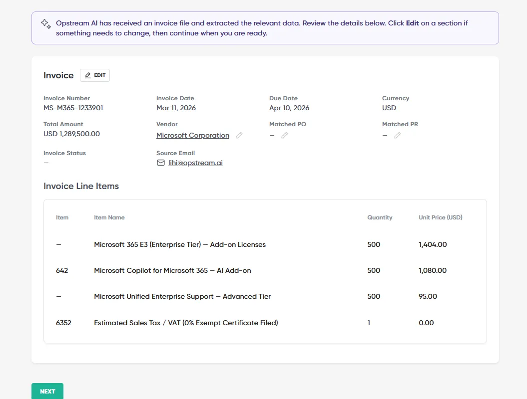 The invoice review page, with the AI extraction banner and the extracted invoice header and line items