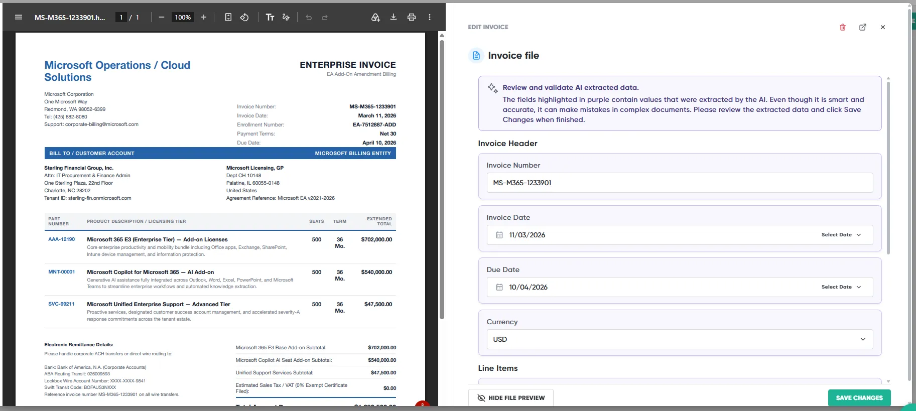 The Edit Invoice dialog, with the invoice file preview on the left and the extracted fields on the right