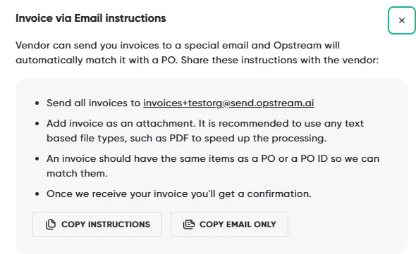 The Invoice via Email instructions dialog, showing the invoice address and the COPY INSTRUCTIONS and COPY EMAIL ONLY buttons