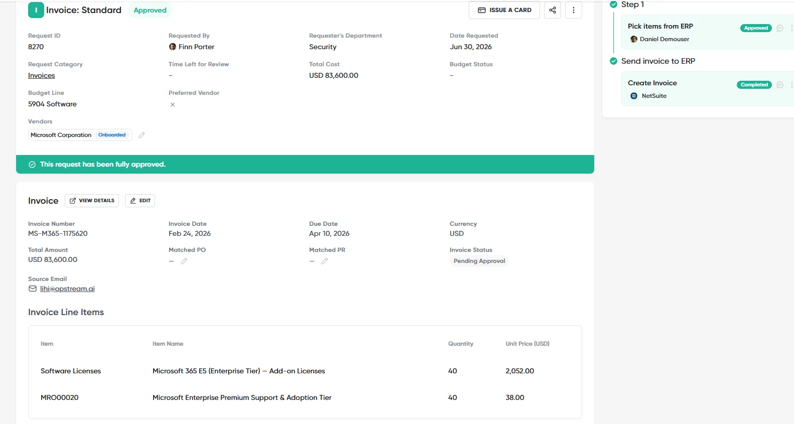 An approved invoice request, with the Matched PO and Matched PR pen icons on the invoice card and the completed Create Invoice step in the review timeline