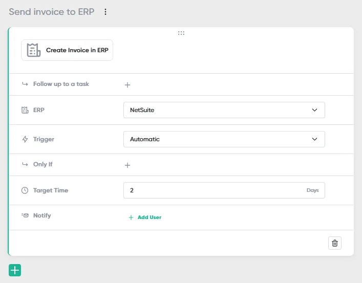 A Create Invoice in ERP step set to NetSuite with an Automatic trigger and a 2-day target time