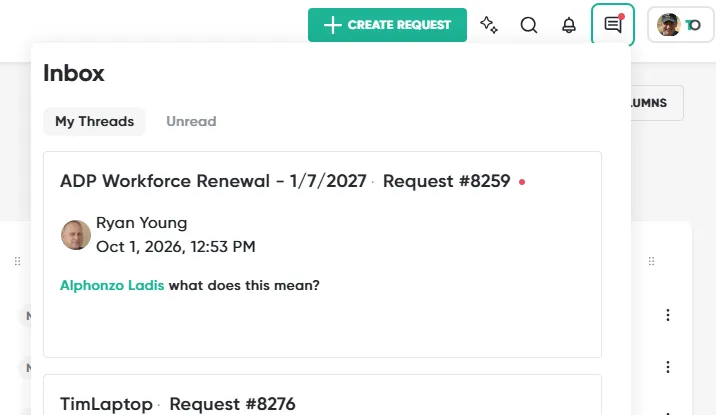 The Inbox, opened from the speech-bubble icon in the header, showing comment threads under My Threads