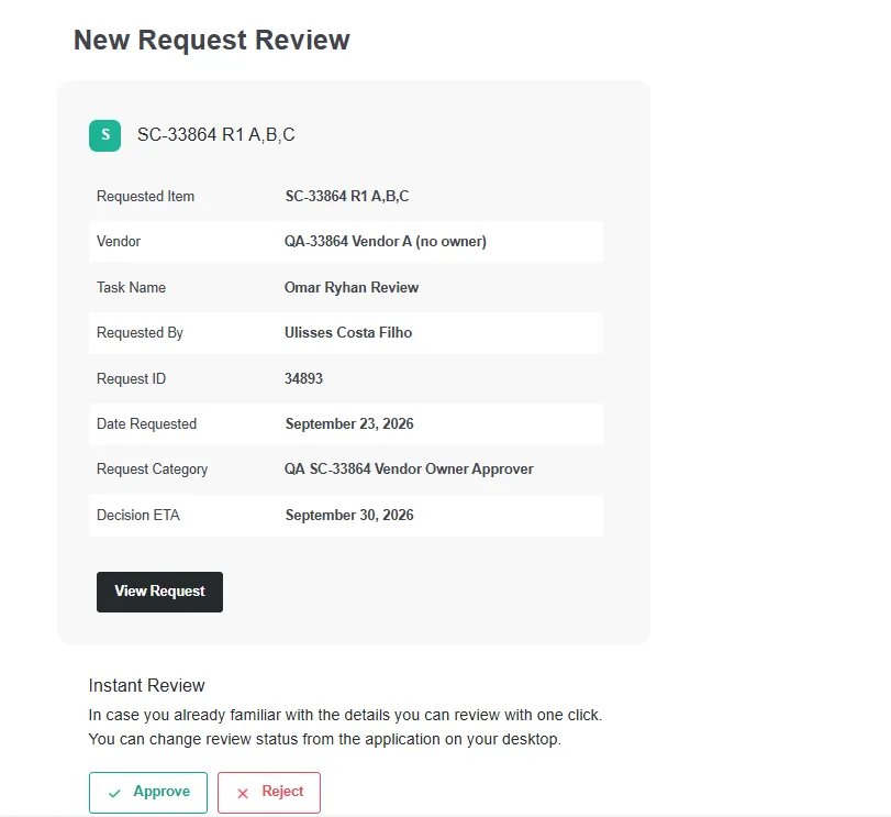 A review assignment email, with the request details, View Request, and the Instant Review Approve and Reject buttons