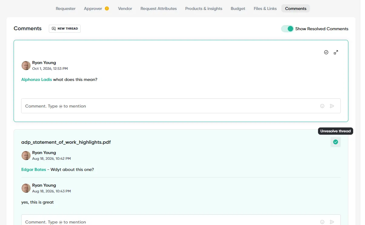 The Comments tab on a request, with NEW THREAD, Show Resolved Comments, an open thread and a resolved thread