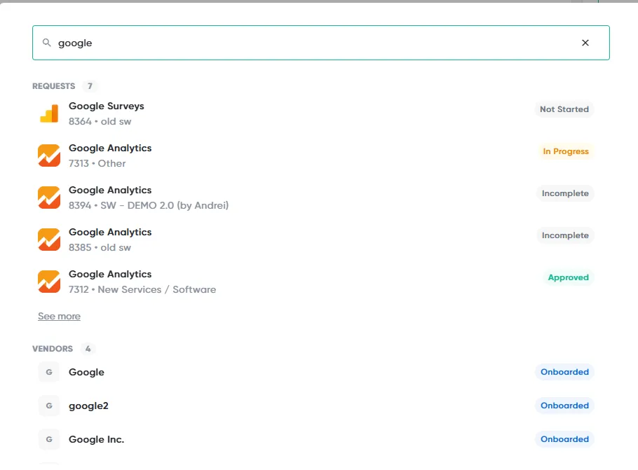 Global search results for "google", grouped into Requests and Vendors with a See more link