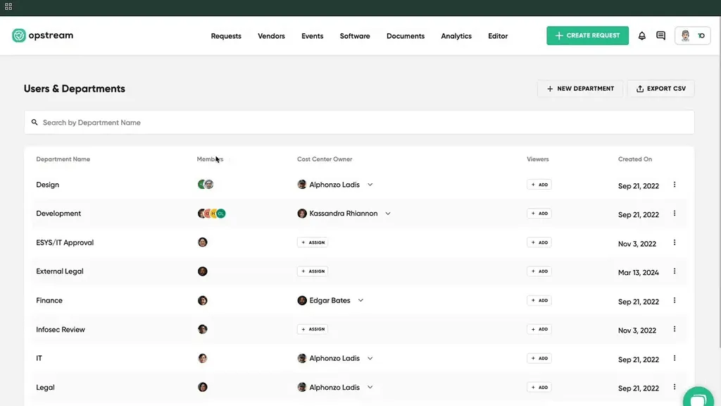 The Users & Departments table in Admin settings
