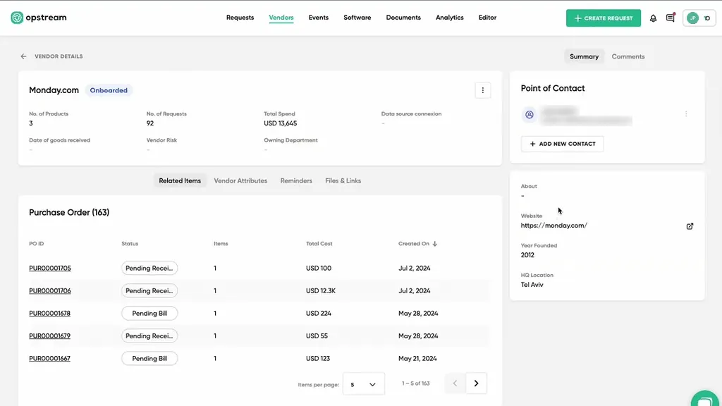 A vendor record with its purchase orders and point of contact