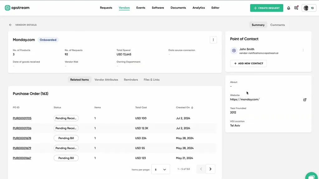 A vendor record with its purchase orders and point of contact