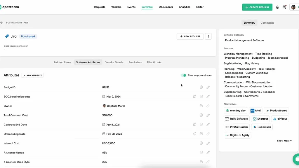 A software record showing its attributes and product categories