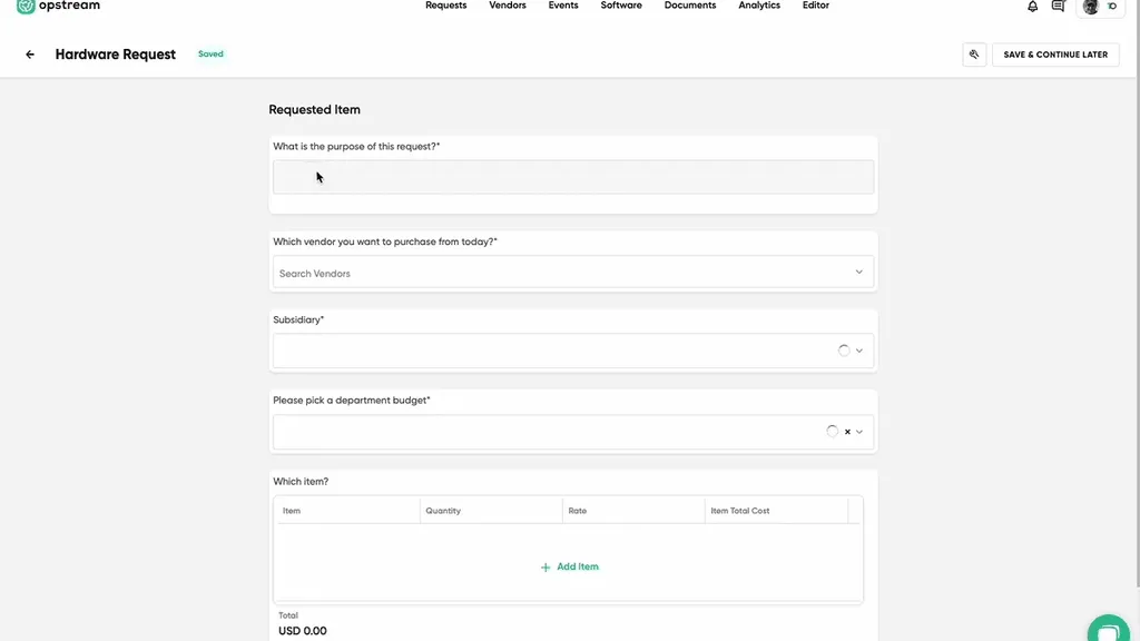 A hardware request form with an itemised list of requested items