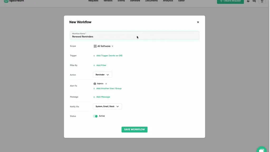 The New Workflow dialog set up for a renewal reminder