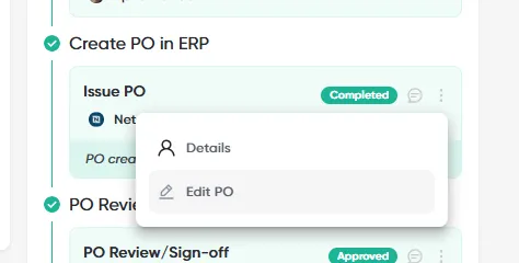 The ⋮ menu on a completed Issue PO step in the review timeline, showing Details and Edit PO