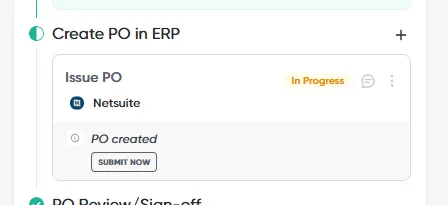 The Issue PO step back In Progress, with the SUBMIT NOW button