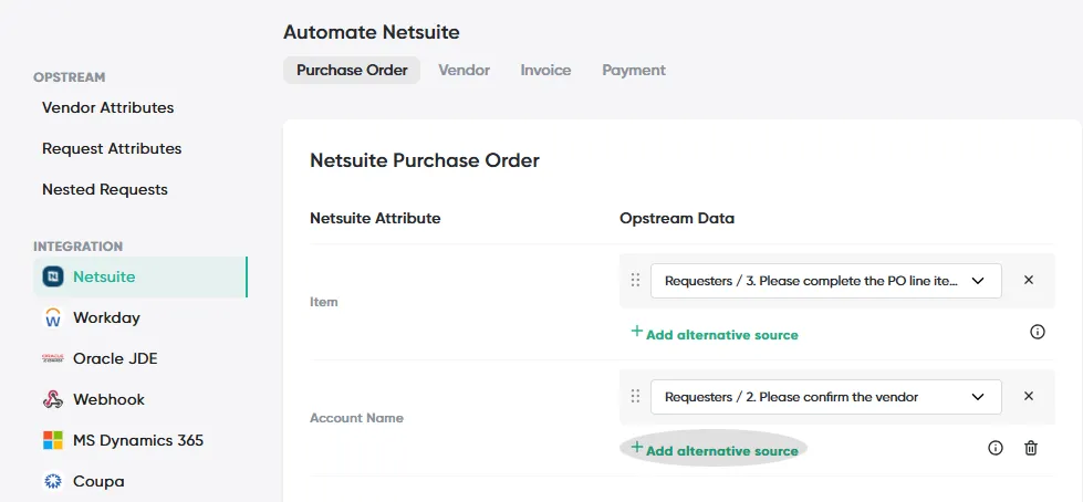The Purchase Order tab under Automate Netsuite, mapping the NetSuite Item and Account Name fields to requester questions