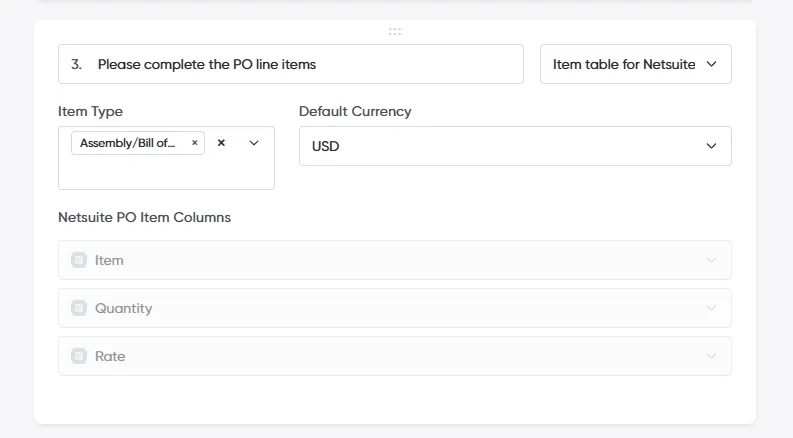 An Item table for Netsuite question, with the Item Type, Default Currency and the NetSuite PO item columns Item, Quantity and Rate