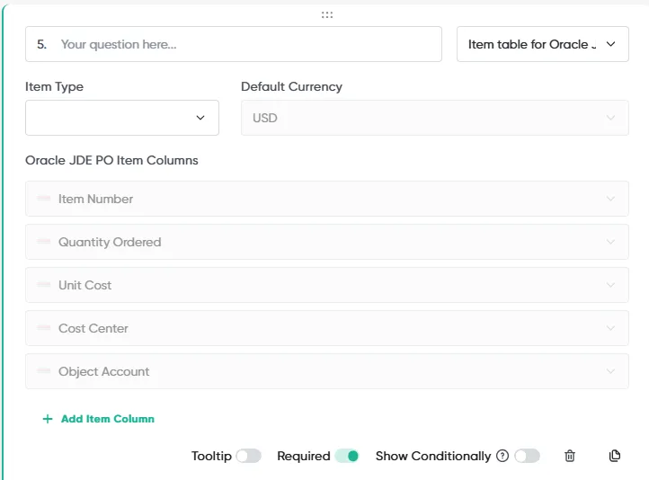 An Item table for Oracle JDE question, with the JDE PO item columns and Add Item Column